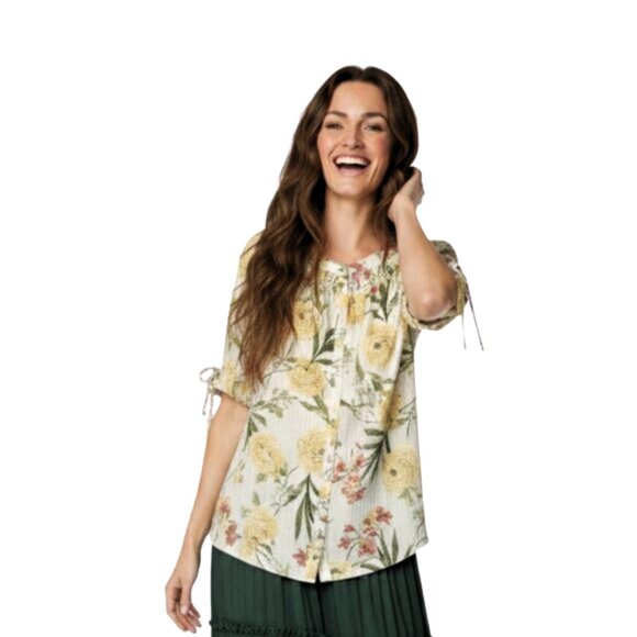 Rose & Olive Tops - Rose + Olive Floral Blouse Top Cottagecore Yellow Red Green Tie Sleeves Size M